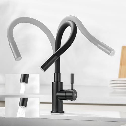 CECIPA Flexible Robinet Noir Cuisine avec 2 Types de Jets, Mitigeur Rabattable, Eau Chaude et Froide, Pivotant à 360°