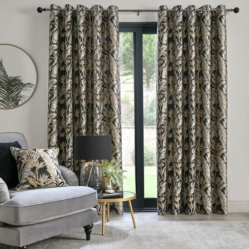 Laurence Llewelyn-Bowen - Black Tropical Palm Tree Curtains W90 x L90 (229 x 229cm) - Jacquard Curtains with Floral Leaf/Fern - Luxury Drapes for Living Room & Bedroom - Paradise Palm Collection