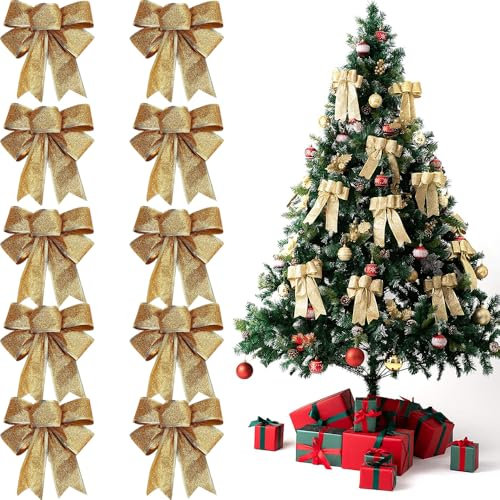 FaJoek Weihnachtsschleifen Rot 10 Stück Glitzer Weihnachten Schleifen, Weihnachten Schleifen Deko, Weihnachtsbaumschmuck Schleifen, Weihnachtsbaum Bogen Schleife (Gold)