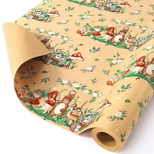 WERNNSAI Baby Party Geschenkpapier aus Kraftpapier – 1 Rolle 43 cm x 10 m Baby Party Geschenkpapierrolle Wald Dschungel Tier Geschenkpapier Waldtier Design Ideal für Kindergeburtstage
