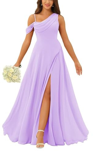 HPPEE Lilac Bridesmaid Dresses Plus Size for Women Ruched Sleeveless Chiffon Cold Shoulder Prom Ball Gown UK30