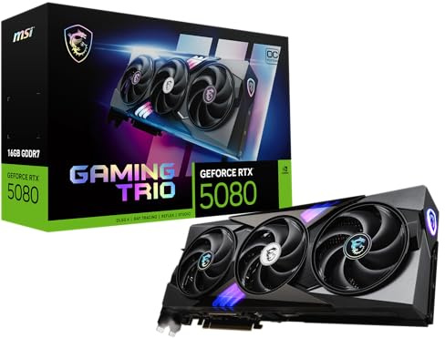 MSI Gaming RTX 5080 16G Gaming Trio OC Tarjeta gráfica (16 GB GDDR7, 256 bits, Extreme Clock TBD MHz, DisplayPort x 3 2.1a, HDMI 2.1b, NVIDIA Blackwell Architecture)