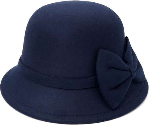 YeeHeen Felt Cloche Hat Vintage Fedora Bucket Hat for Women Navy