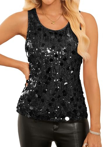 GRACE KARIN Women's Sequin Top Sleeveless Sparkly Dressy Tank Tops Vest Glitter Cocktail Party Shiny Club Night Black Medium