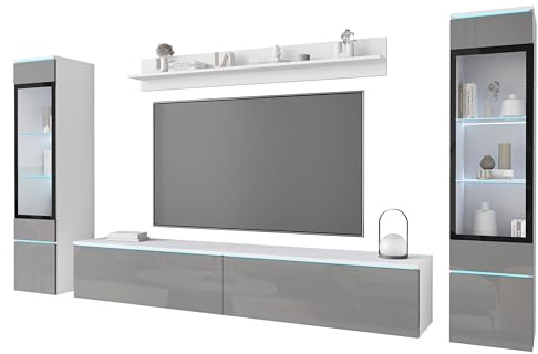 PIASKI Conjunto de Muebles de salón Vera II, iluminación LED Opcional, Juego de Muebles de salón, Distintos Colores (Blanco/Gris Brillo, con iluminación)