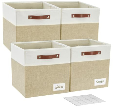 Bagnizer Faltbare Aufbewahrungsbox aus Stoff mit 2 PU-Griffe, 4er Set | Faltbox, Etikettenhalter, für Würfelregal, Kallax, Kleideraufbewahrung, Aufbewahrungsboxen, 33 x 38 x 33cm, Beige & Weiß