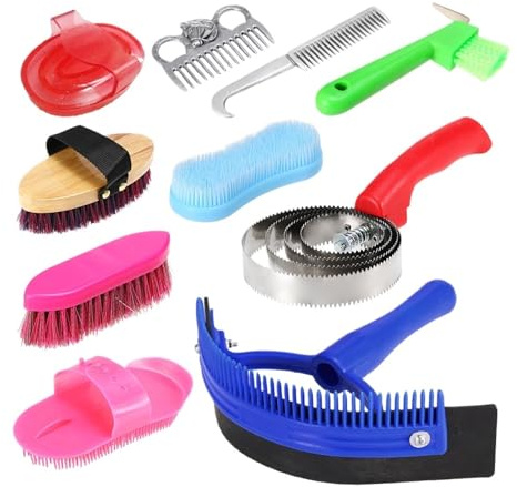10-IN-1 Horse Tool Set Cleaning Kit Mane Tail Comb Massage Curry Brush Sweat Scraper Hoof Pick Scrubber