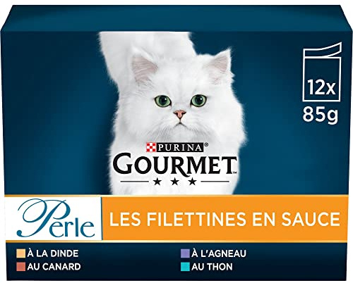 GOURMET | Pärla | Filettiner i sås | Komplett kattmat för vuxna | kalkon, anka, lamm, tonfisk | färskhetspåsar | 6 st (12 x 85 g)