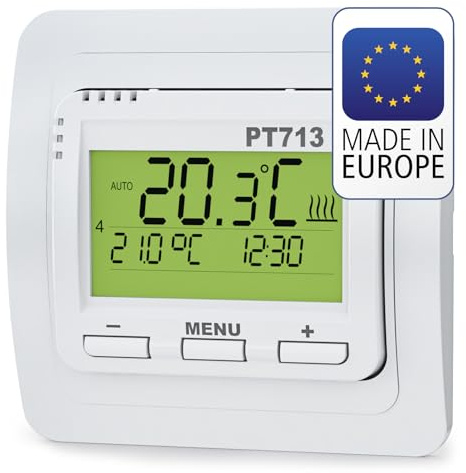 ELEKTROBOCK PT713 Digitaler Raumthermostat mit 𝚅𝚎𝚛𝚋𝚛𝚊𝚞𝚌𝚑𝚜𝚋𝚎𝚛𝚎𝚌𝚑𝚗𝚞𝚗𝚐 - Beleuchtetem LCD Display - Optimal Start Funktion - Für elektrische Heizungen - Einstellbare Wochenprogramme