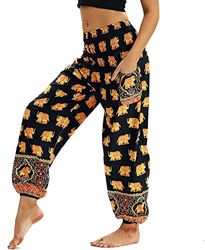 Nuofengkudu Pantaloni Harem Thai Estivi Baggy Aladin alla Turca Boho Etnici Vintage Stampa Vita Alta con Tasconi Hip Hop Yoga Pants Beach Giallo Elefante