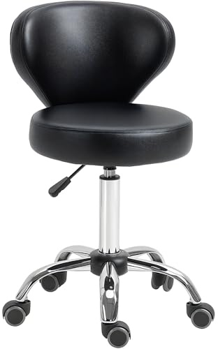 HOMCOM Tabouret à roulettes, Tabouret de Massage en PU avec Hauteur réglable 73-88cm et Dossier, Chaise de Travail pivotant 360°, Cadre en Acier, pour Salon de Massage, Tatouage, Clinique, Spa, Noir