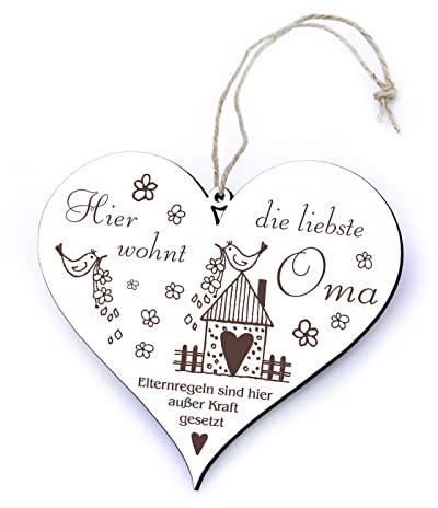 Dekolando Schild Holz mit Gravur - Hier wohnt die liebste Oma, Elternregeln außer Kraft - Herz Türdeko 13 x 12 cm - Türschild Großmutter