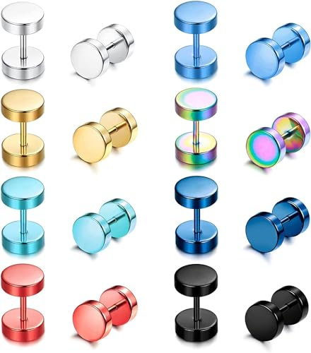 Diamday 8 Pares Piercing Oreja Acero Inoxidable Para Hombres Mujeres - Tunel Punk Redondo Pendientes Fake Plug Arco Iris Barbell Perforados Stud Rosca 7MM