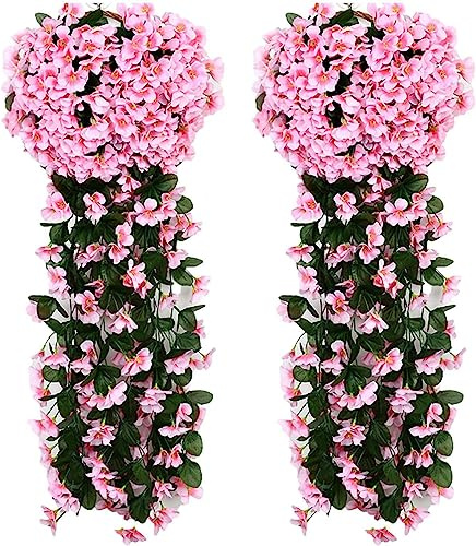 Youning Künstlich Hängende Blumen Kunstblumen Violette Blumen Wand Glyzinien Künstliche Hängepflanzen Bunte Hängende Plastikblumen für Büro Zuhause Party Hochzeit Haus Dekoration (2PCS Rosa)