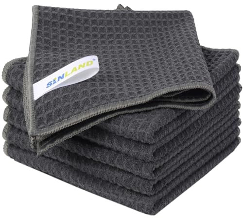 SINLAND 6 Stück Mikrofaser Geschirrtücher fusselfrei Küchenhandtücher schnell trocknend Waffeltücher wiederverwendbar Putztücher waschbar Handtücher für Küche Geschirr Haushalts 33x33 cm Grau
