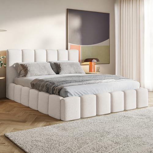 MOTIVENA Nunu Bubble Bett 120x200 Weiß Boucle, mit Stauraum, mit Kopfteil, mit Lattenrost, ohne Füße, ohne Matratze, Bubble Polsterbett 120x200 mit Bettkasten Weiß (Milch)