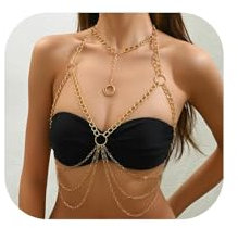 Summer Beach Metal Link Chain Bra Body Jewelry Sexy Multi-layered Crossover Harness Chest Chain Festival Bikini Waist Chain Body Jewelry for Women (Gold)