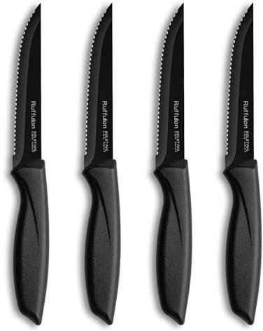Ruffulon Steak Knives,Steak Knives Set of 4,Black Steak Knife,Stainless Steel Serrated Kitchen Knife with Ergonomic Handle,Multipurpose Dinner Knives,Sharp Steak Knife,Dishwasher Safe,Rust-Proof