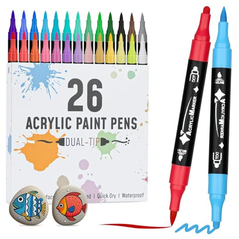 VynyQoo 26 Colores Rotuladores Acrilicos, Marcadores Acrílicos, Rotuladores Doble Punta, Rotuladore Acrilicos Punta Pincel para Pintar Piedras Cristal Cerámica, Acrylic Markers para Adultos