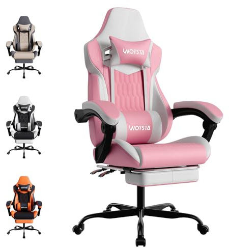WOTSTA Gaming Chair, Ergonomic Gaming Chair with Footrest and Lumbar Support, Computer Chairs, Height Adjustable Computer Racing Gamer Chairs for Gaming or Office, Pink White