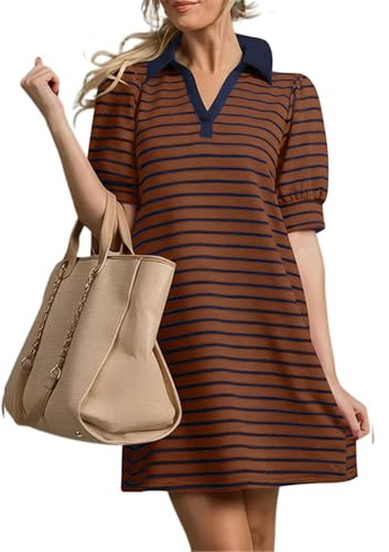 AYIYO Damen Gestreiftes Polokleid V-Ausschnitt A-Linie Puffärmel, Kaffeeblau, XXL