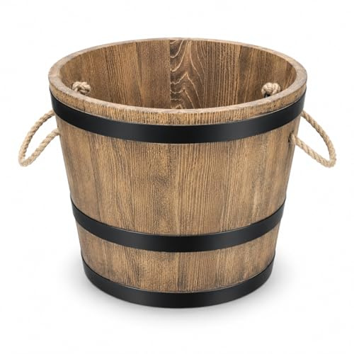 weeco Halbes Fass als rustikaler Pflanztopf aus Holz mit Drainagelöchern und Seilgriffen 43 cm