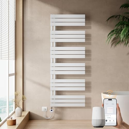 EMKE WiFi Handtuchheizkörper Elektrisch 1599x600 mm - Flach Badheizkörper Elektrisch, Elektrischer Handtuchwärmer Handtuchtrockner Handtuchheizung mit Thermostat und Heizstab - 1000W, Weiß