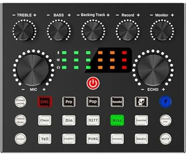 Portable Audio Device V8S Audio Mixer External Sound Card with 10 Sound Effect For Live Streaming PC Computer Phone Broadcasting(V8S)