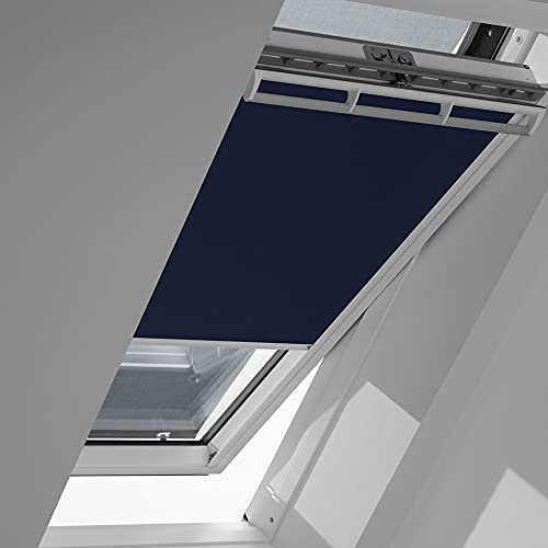 Original VELUX Vorteils-Set ( Verdunkelungs-Rollo + Hitzeschutz-Markise ) für GGL GHL GTL GPL GXL P10 + 410 und GGU GHU GTU GPU GXU P10 in Stofffarbe 1100 Dunkelblau – Markise in 5060 schwarz, Seitenschienen in Silber / DOP P10 1100S