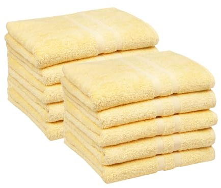 ZOLLNER 10er Set Handtücher in 50x100 cm - Flauschige Duschtücher aus Baumwolle - mit moderner Streifenbordüre - bis 60°C waschbar - mit praktischem Aufhänger - in gelb - Hotelqualität