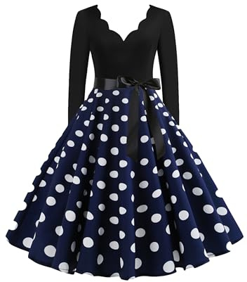EFOFEI Women's A Line Rockabilly Dress Polka Dot Dress Bow Tie Dress V Neck Hepburn Dress Navy Blue M