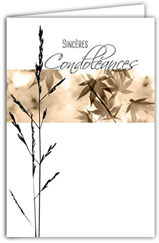 64-1036 Carte Sincères Condoléances avec Enveloppe Blanche - Argenté Brillant Feuilles Erable Sépia Graminée Graphisme Contemporain Deuil Décès - Format Fermé 11,5x17 cm - Fabriquée en France