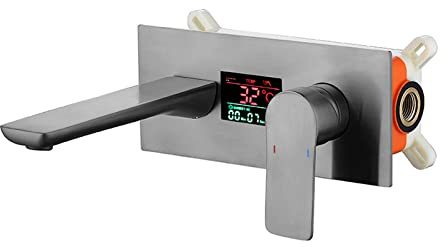 Ksunun Wall Mounted Bathroom Faucet, Digital Temperature Display Bathroom Faucets, Hot and Cold Dual Control Brass Basin Mixer Tap, Concealed Digital Display Faucet for Bathroom Sink Faucet,Gun Grey