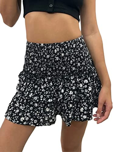 seiveini Sommerrock Damen Kurz Rock Hohe Taille Blumenrock Mit Rüschen Boho Röcke Plissee Floral Druck Faltenrock A-Line Elastischer Bund A Schwarz S