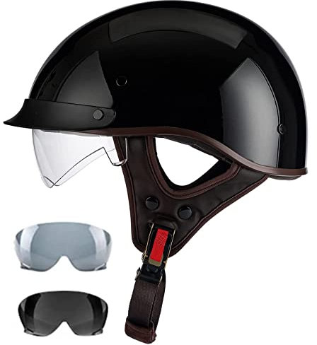 RUANLOV Halbhelme Motorradhelm Halbschalenhelm DOT/ECE Zulassung Herren Damen Brain-Cap Halbschale Roller-Helm Jet-Helm Mit Eingebautem Visier Scooter Offener Helm Für Erwachsene (O L=59)