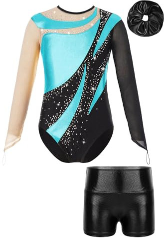 Yeahdor Kinder Mädchen Turnanzug Langarm Ballett Trikot mit Strass + Kurze Hose + Haarband Metallic Gymnastikanzug Akrobatik Training A Türkis & Schwarz 146-152