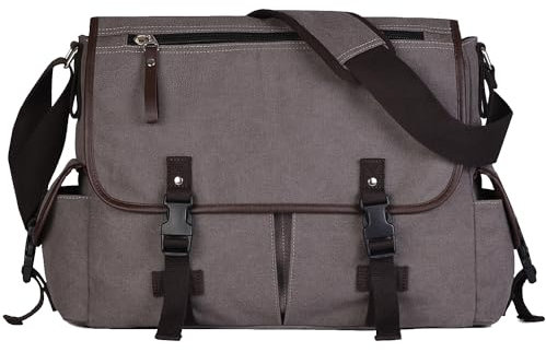 Vintage kanvas 15,6 tum laptop messengerväska för män kvinnor, högskola dator skolväska axelväska resa kontor portföljer, Grå, Medium