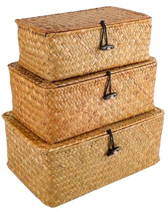 YKUKIZEE Set of 3 Rattan Woven Storage Basket with Lids Handmade, Large Wicker Storage Baskets with Lids, Rectangular Seagrass Storage Baskets with Lids for Home Bathroom Toilet Clothe(S+M+L)