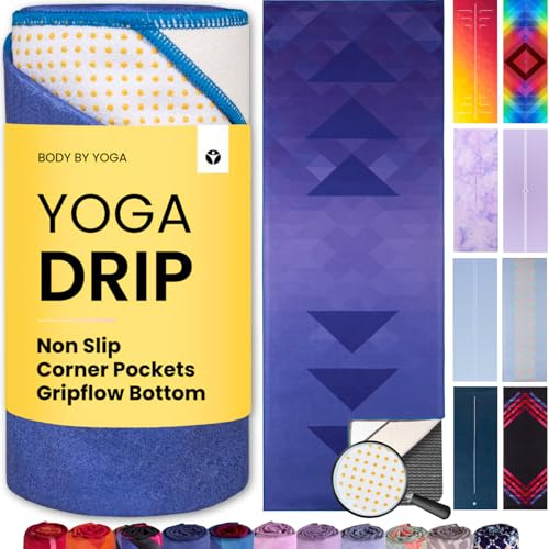 Yoga Drip Hot Yoga Towel – Non Slip Yoga Mat Towel with Corner Pockets, Silicone Grip Dots & Subtle Alignment Lines | Sweat Absorbent, Moisture Wicking, Quick Dry | No Bunching or Sliding | 72” x 26”