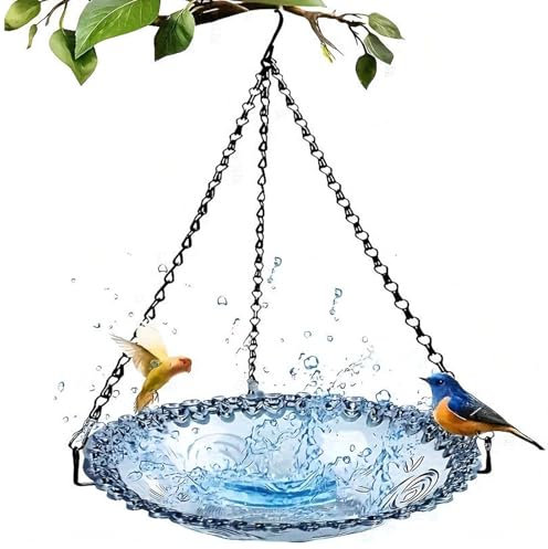 Baignoire d'oiseaux Suspendue avec chaîne 9,25 Pouces de Bain d'oiseaux Bol à Oiseaux Ronds pour l'oiseaux à l'extérieur 2 en 1 mangeur d'oiseaux Sauvages multifonctionnels pour Le Balcon Jardin Bleu