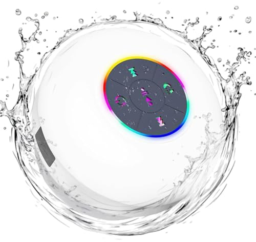 Luzsco Radio de ducha Bluetooth con LED – Altavoz mini inalámbrico portátil con micrófono y ventosa, resistente al agua IPX4 para ducha, viajes, piscina, flotación en río y diversión al aire libre