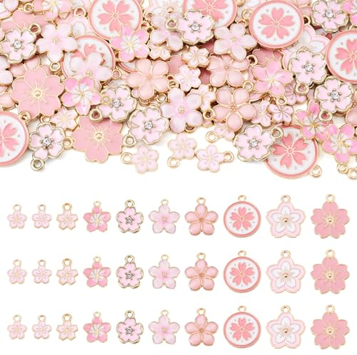Bestewelry 100 ciondoli in lega smaltata a forma di fiore di ciliegio, rosa Sakura, in lega, per collane, bracciali, orecchini, gioielli fai da te