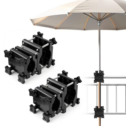 2 x parasollhållare balkongräcke – justerbara universella hållare för paraply Ø 22–38 mm, lämplig för fyrkantiga (25–60 mm) och runda (Ø 25–40 mm) räcken, stark klämkraft och hög flexibilitet, svart