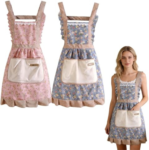 Sumneo Prinzessinnen-Stil Küchenschürzen-Set, 2er Pack – Verstellbare & mit Taschen – Schürzen für Kochen, Backen, Haushalt, Party