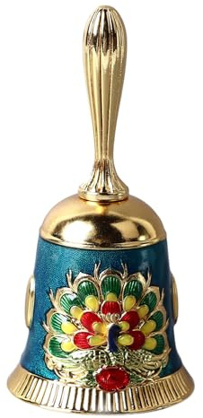 Handklocka Vintage Mässing Antik Utsökt snidat mönster Hand Ring Bell HandKlocka till middag Bröllopsfest Familjeskola (Gold with Colorful Blue)