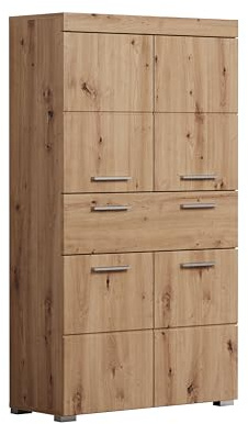 trendteam smart living - Amanda - Hochschrank - Eiche - breiter Badezimmerschrank mit 4 höhenverstellbaren Einlegeböden - (BxHxT) 73 x 130 x 31 cm - 4 Fächer und Einer großen Schublade | B 73 x H 130 x T 31 cm · feuchtraumgeeignet · 4 Türen, 1 Schublade, 2 Einlegeböden · höhenverstellbare Einlegeböden