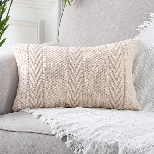 Mandioo Baumwolle gestrickte Beige dekorative Wurf Kissenbezüge Weiche Gemütliche Zierkissenbezug Luxus Moderne Dekorativ Couchkissen Kissenhüllen für Sofa Couch Wohnzimmer 30x50 cm