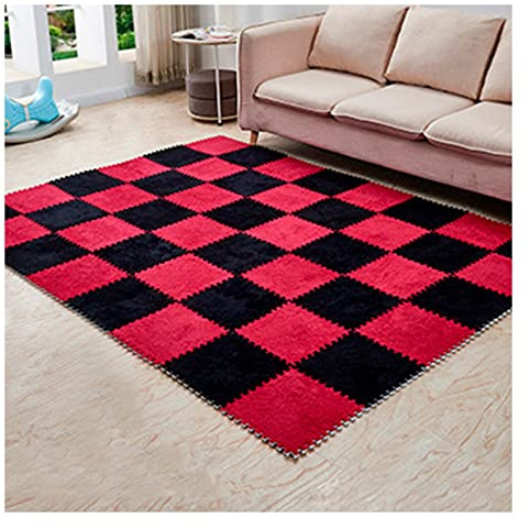 12 Pieces Thickened Plush Foam Interlocking Floor Mat,Fluffy Square Foam Tiles with 12 Edgings,Soft Anti-Slip Puzzle Area Rug Playmat for Bedroom,12X12inch,12 Tiles/11.6 Sq.Ft,Black+red