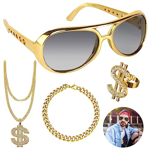 4 stycken dollar kedja set, gyllene dollar halsband ringar solglasögon guldkedja set, hip hop kostym hip hop kostym karneval cosplay, 80-talet 90-talet tillbehör kostymer
