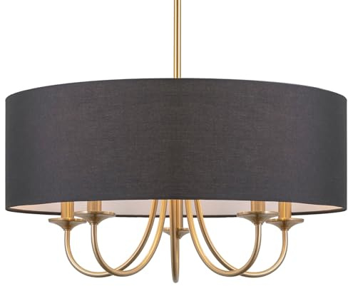 Kira Home Quinn 22 Traditional 5-Light Chandelier/Adjustable Chain Link Hanging Light + Black Linen Drum Shade, Cool Brass Finish
